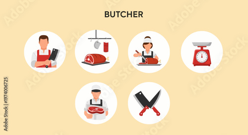 Modern Flat illustration of Butcher with apron and meat tools.