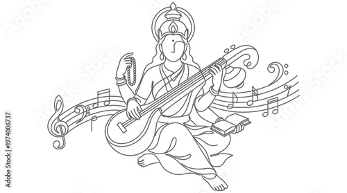 A serene illustration of a woman playing a musical instrument in a cultural setting with music notes and a decorative halo.
