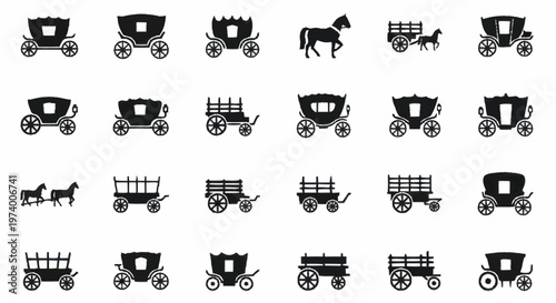Black silhouettes of horse drawn carriages.