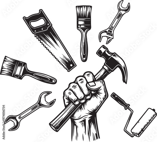Vintage style illustration of hand clutching hammer surrounded by various construction tools including saw wrench and paint brush equipment