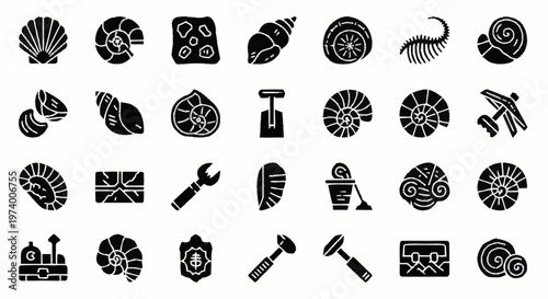 Black icons of tools and shells.