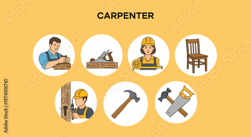Modern Flat illustration of Carpenter at work with tools Set