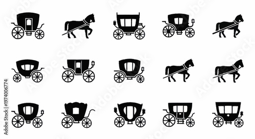 Black silhouettes of horse drawn carriages.