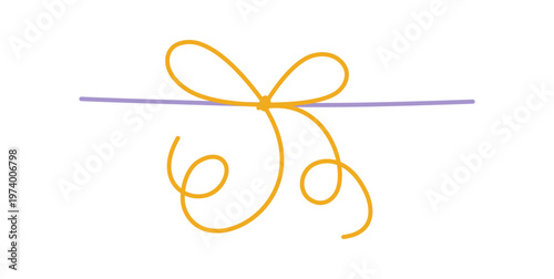 Romantic vintage wedding bow in line art. Curly hand drawn knot as cute ornament and simple ribbon decor. Whimsical string love border for card or invite, minimal classic element with yellow and