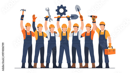 Team of Professionals with tools: A group of construction workers, each holding a different tool, symbolizing unity and readiness in their field, creating a vivid tableau of teamwork. 