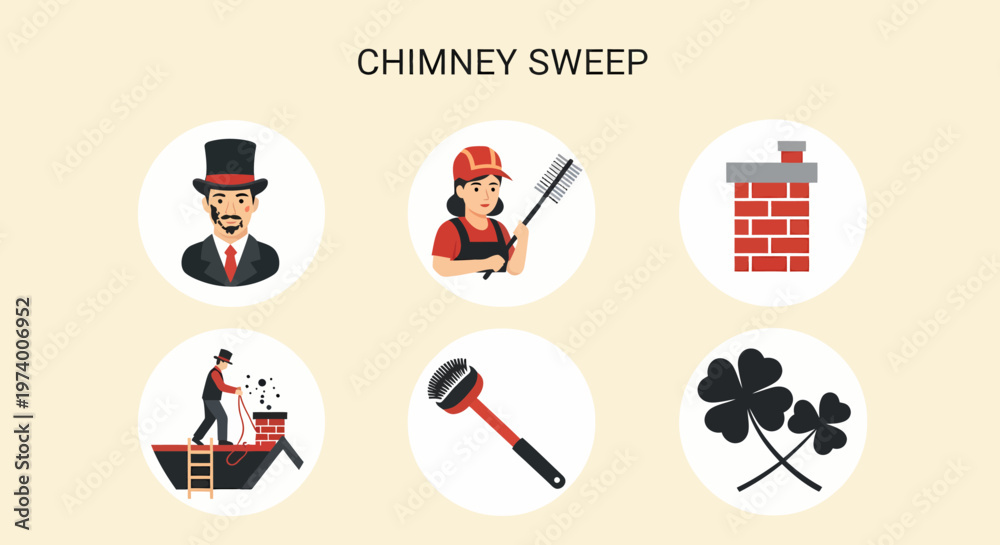 Fototapeta premium Modern Flat illustration of Chimney sweep in uniform working.