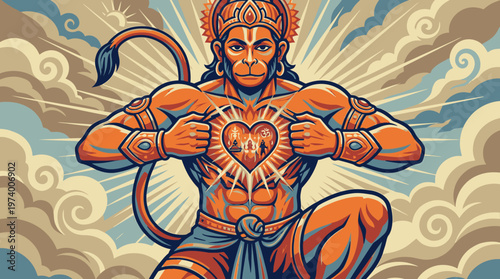 The powerful Hindu god Hanuman reveals his heart chakra in a vibrant illustration surrounded by radiant sun rays and cloudy skies.