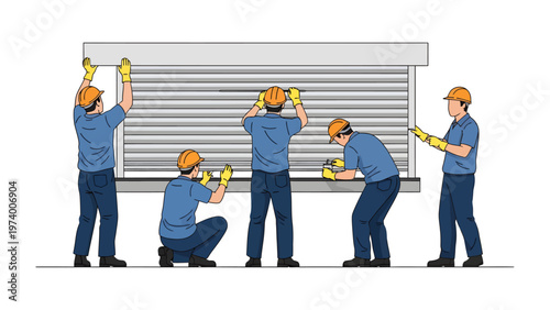 Shutter Installation: A team of skilled technicians meticulously installs a new shutter on a building, showcasing their expertise and precision in the construction process.