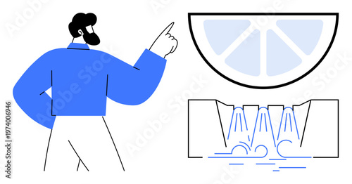 Freshness, nature, creativity, sustainability, education, inspiration. A man gestures toward a lemon slice and cascading waterfall. Freshness and nature concept