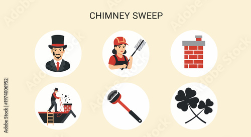 Modern Flat illustration of Chimney sweep in uniform working.
