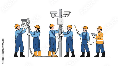 Security System Installation: A team of skilled technicians meticulously installs security cameras, highlighting their expertise in technology and safety