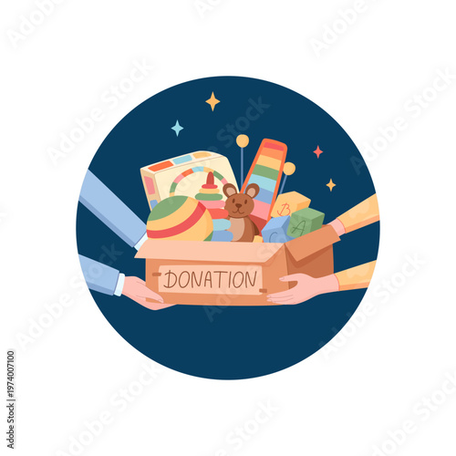 Toy donation box with child gift sticker. Round sticker cover as charity symbol. Person hand share box and support needy kid and community care. Colorful toy, bear ball in carton container for social