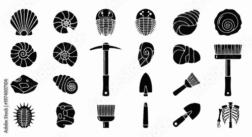 Black and white beach tools icons.