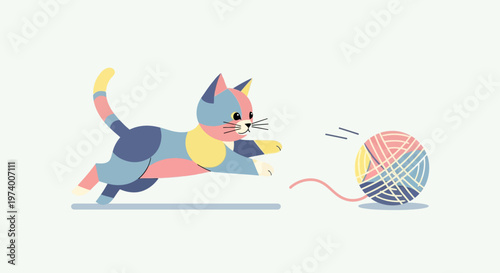 Playful Cat Chasing Yarn Ball