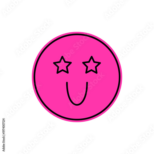 Groovy y2k pink smiley sticker in cartoon retro style with happy star eyes. Playful emoji face radiates positive fun and youthful attitude, ideal for trendy pop digital use or creative projects.