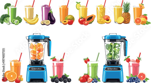 Fresh Fruit Smoothie and Juice Set with Blender Illustrations Featuring Healthy Drinks, Berries, Citrus, and Tropical Ingredients for Nutrition Vector Design
