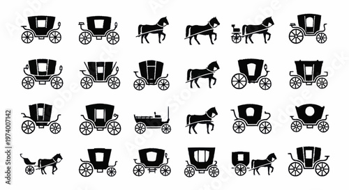 Black silhouettes of horse drawn carriages.
