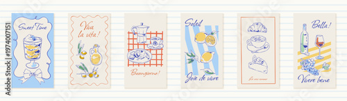 Vintage italian breakfast poster style set. Cozy food banner with blue and yellow background and lemon accent as cute hand sketch. Coffee croissant dessert set suits cafe menu card or social media
