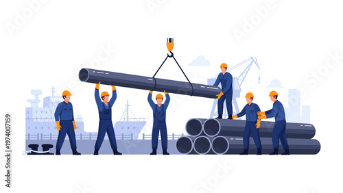 Industrial Symphony: A team of construction workers collaborate to hoist a long metal pipe. They symbolize the strength, precision.