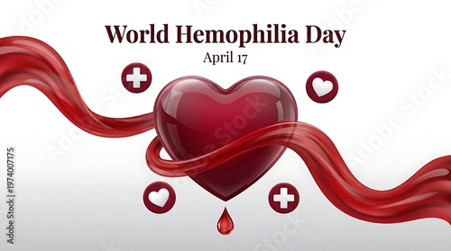 World hemophilia day April seventeen concept, red ribbon flowing around heart, blood drop, surrounding medical symbols with plus and heart icons on white background, health awareness.