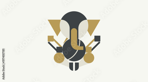 A stylized illustration depicts various musical instruments surrounding a central object.