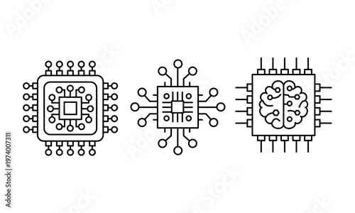 Advanced microchip CPU processor and artificial intelligence brain chip icons.Editable stroke, Vector illustration, Line art Icon, Symbols.
