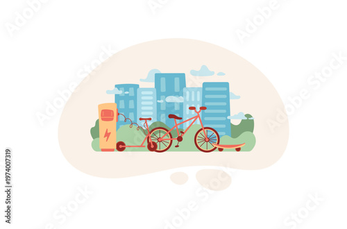 Electric transport scene in flat eco style. Green city environment with scooter and bicycle near station. Cartoon graphic city background as eco mobility concept for sustainable future lifestyle