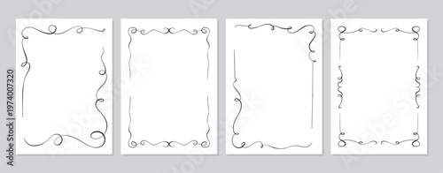 Elegant whimsical frame with curly ribbon border in black line for romantic wedding card set. Ornate hand drawn set of vertical borders suits vintage invite or menu, cute coquette celebration decor