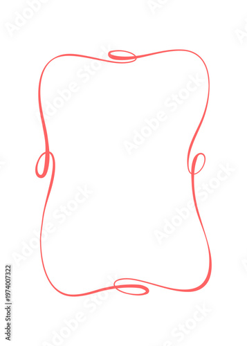 Whimsical red ribbon rectangle frame with curly line border. Cute hand drawn doodle edge as elegant decorative element. Simple romantic background for social media card or invite, modern minimal