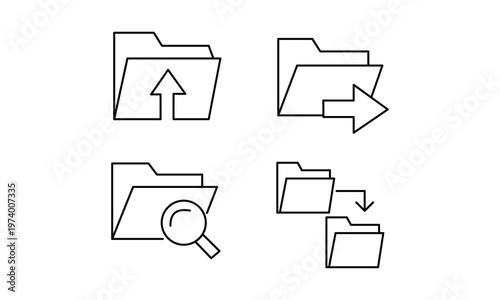 Folder management set including upload, share, search, and move file icons.Editable stroke, Vector illustration, Line art Icon, Symbols.