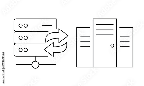 Server rack network connection and data center hosting infrastructure icons.Editable stroke, Vector illustration, Line art Icon, Symbols.