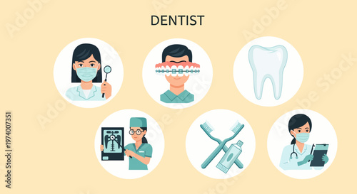 Modern Flat illustration of Dentist with dental tools and equipment.