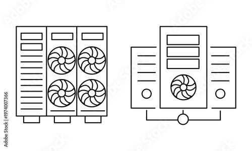 Server cooling fan ventilation and data center hardware system icons.Editable stroke, Vector illustration, Line art Icon, Symbols.