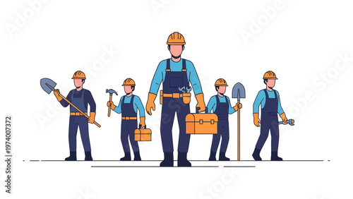 Team of Construction Workers Ready to Build: A group of construction workers, united in their mission, stand ready with tools in hand, symbolizing teamwork and dedication to building the future.