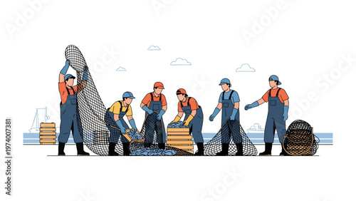 Harvest of the Sea: A dedicated team of fishermen diligently sorts the day's fresh catch, a testament to their hard work and the bounty of the ocean.