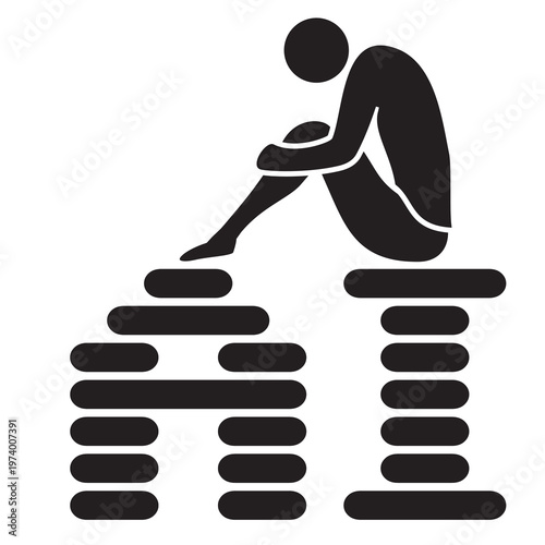 A black silhouette of a person sitting hunched over - knees pulled up, head down  perched on top of AI