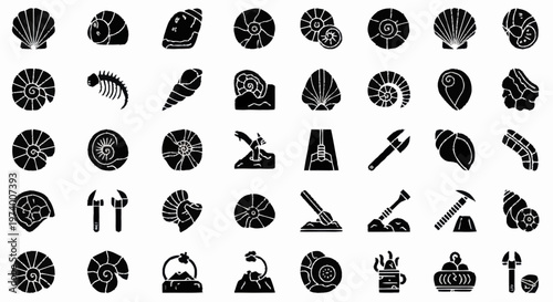 Black silhouette fossil icons set.