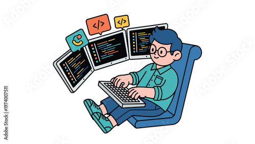 Young Software Developer Coding on Multi-Monitor Setup. Programmer working with code on three computer screens. Digital development illustration.