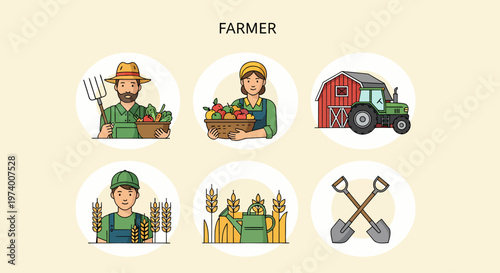 1 set icon of Farmer Holding Farm Tools And Produce.
