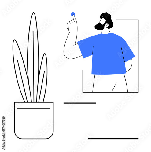 Creativity, innovation, personal growth, mindfulness, design inspiration, productivity. A person gesturing towards a small dot with a potted plant in a clean composition. Creativity and innovation