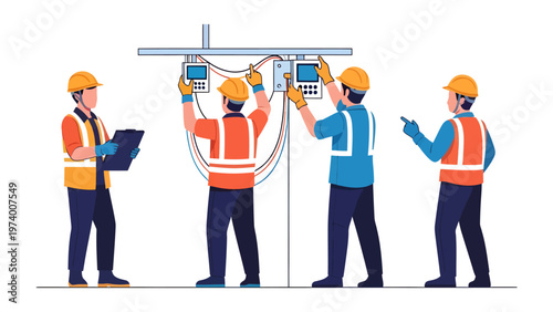 Team of Electricians at Work: A team of skilled electricians collaborating on electrical panel, each focused on their specific tasks, dressed in safety gear, and engaged in a professional setting.