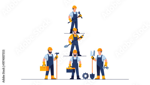 Construction Teamwork: A group of construction workers, each holding tools of their trade, forms a team, symbolizing collaboration, unity, and expertise in building.