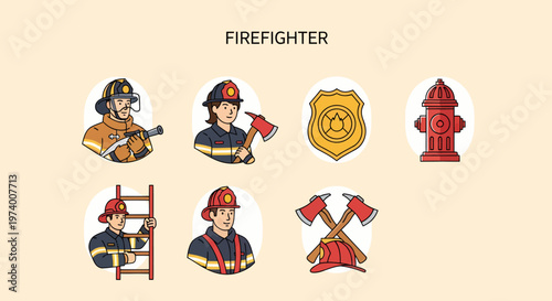 Modern Flat illustration of Firefighter profession rescue team hero.