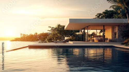 luxury private island with modern villa and infinity pool, clean architecture, generative ai