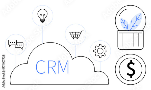 Customer management, business processes, marketing, e-commerce, innovation, financial growth. CRM concept with cloud, light bulb shopping cart dollar sign gear icon. Business processes
