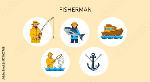 Modern Flat illustration of Fisherman with various fishing gear.
