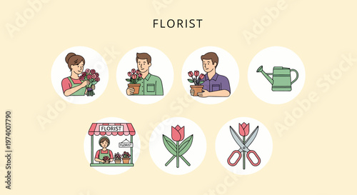 1 set icon of Florist arranging flowers in shop.