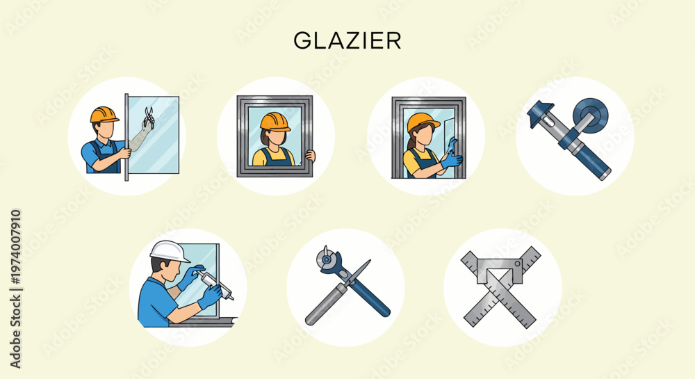Fototapeta premium Modern Flat illustration of Glazier with tools and windows.