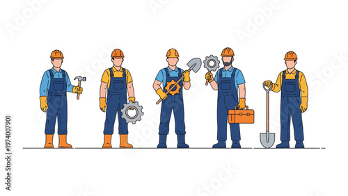 Construction Crew Illustration: A collection of construction workers, each bearing their own unique tools. A display of teamwork and manual labor. 
