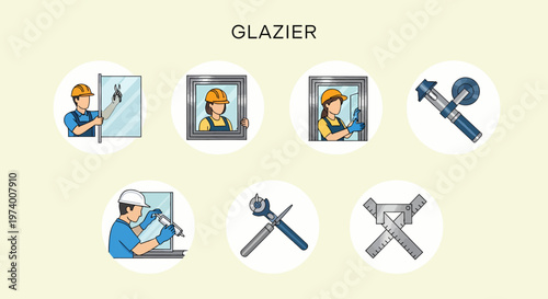 Modern Flat illustration of Glazier with tools and windows.